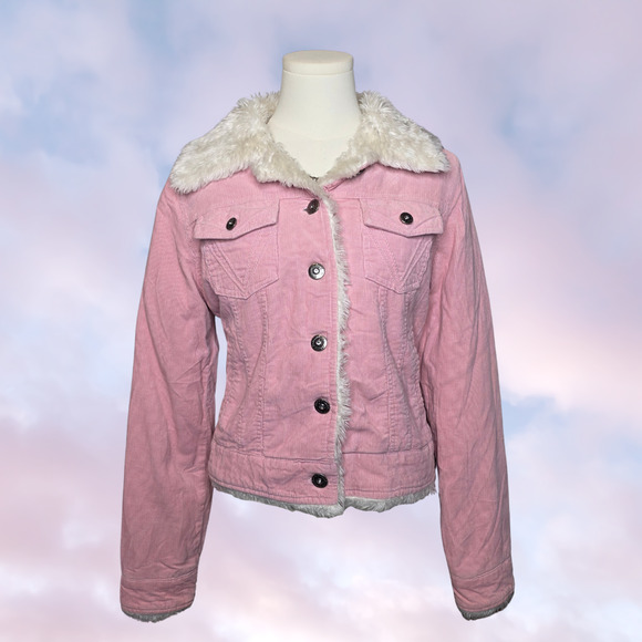 Everblue Jackets & Blazers - VTG Y2K Everblue Corduroy Faux Fur Collar Casual Bomber Jacket Pink White Large